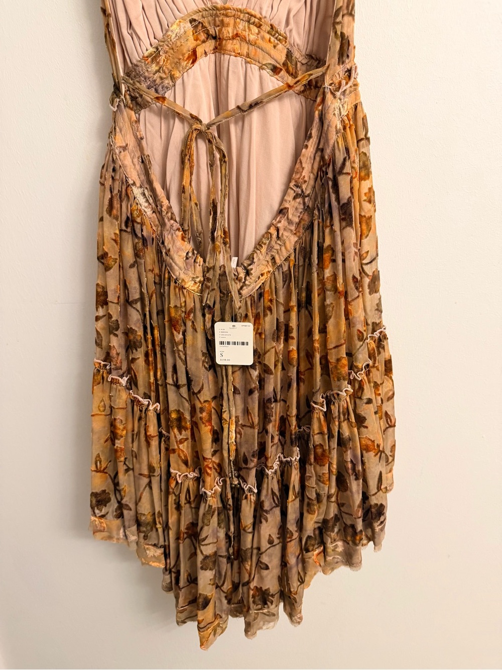 NWT $198 Free People Beige & Brown Leaves Low Back Tiered Halterdress - Picture 9 of 9